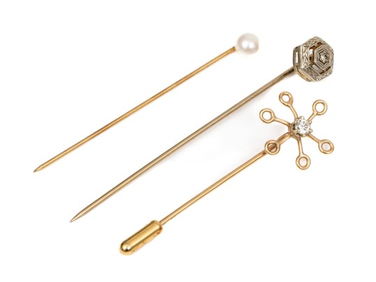 14k Yellow Gold Collection Of Three Vintage Stick Pins, Diamond And Cultured Pearl Motifs