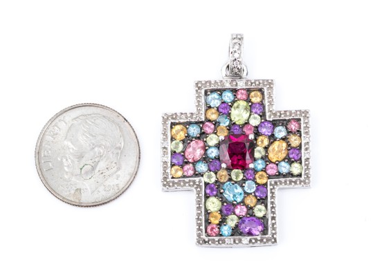 14k Yellow Gold Beautiful Chunky Multi Stone Cross Pendant