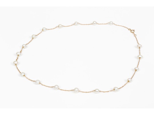 14k Yellow Gold Pretty Cultured White Freshwater Pearl Tin Cup Style Necklace