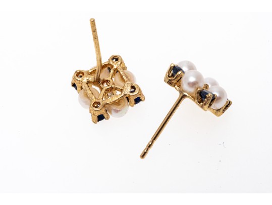 14k Yellow Gold Striking Cultured Pearl Blue Sapphire And Diamond Cluster Earrings
