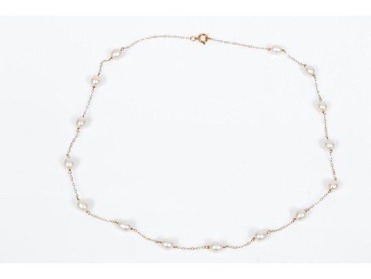 14k Yellow Gold Pretty Pair Of Cultured White Freshwater Pearl Tin Cup Style Necklaces