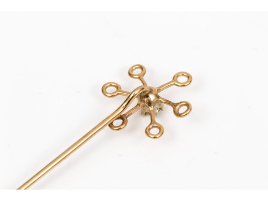 14k Yellow Gold Collection Of Three Vintage Stick Pins, Diamond And Cultured Pearl Motifs