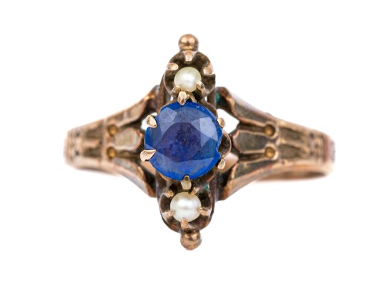 14k Gold Lovely Antique Seed Pearl And Blue Glass Ring, Size 6.5