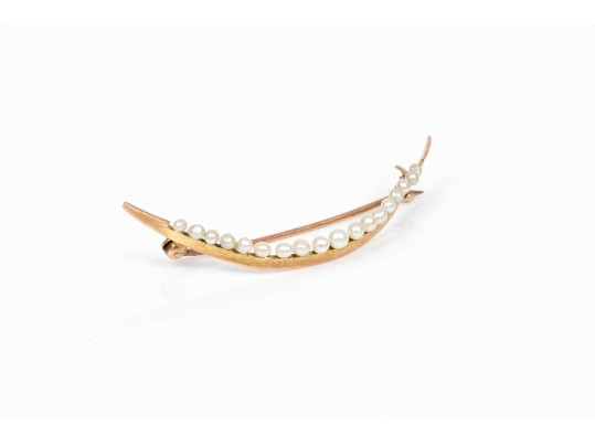 10k Yellow Gold Vintage Seed Pearl Half Moon Brooch