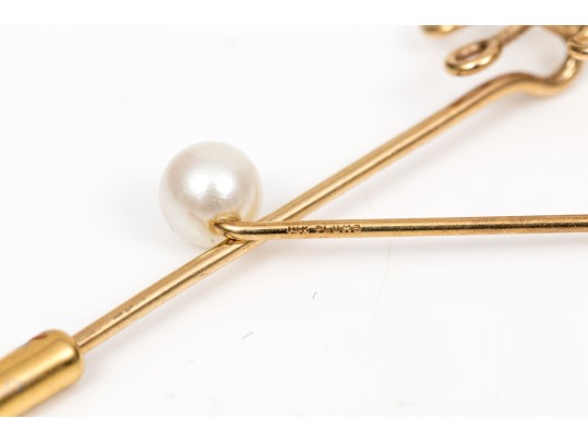 14k Yellow Gold Collection Of Three Vintage Stick Pins, Diamond And Cultured Pearl Motifs