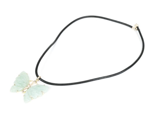 Sterling Silver Bold Striking Green Chalcedony Carved Butterfly And Leather Cord Necklace
