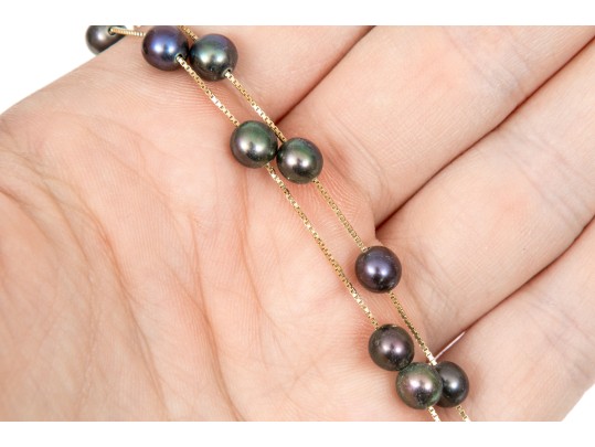 14k Yellow Gold Elegant Black Cultured Freshwater Pearl Tin Cup Style Necklace