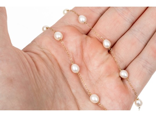 14k Yellow Gold Pretty Pair Of Cultured White Freshwater Pearl Tin Cup Style Necklaces