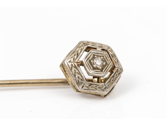 14k Yellow Gold Collection Of Three Vintage Stick Pins, Diamond And Cultured Pearl Motifs
