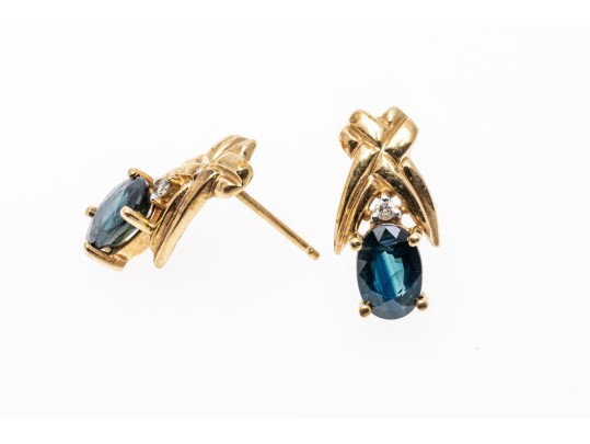 10k Yellow Gold Blue Sapphire Earrings, App. 1.06 TCW, Topped With White Sapphires