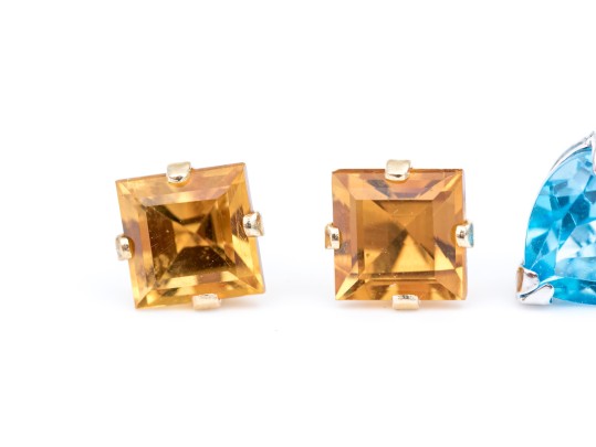 14k Gold Collection Of Delicate Stud Earrings, Citrine And Blue Topaz Set
