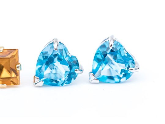 14k Gold Collection Of Delicate Stud Earrings, Citrine And Blue Topaz Set