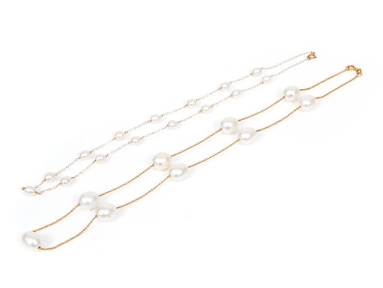 14k Yellow Gold Pretty Pair Of Cultured White Freshwater Pearl Tin Cup Style Necklaces