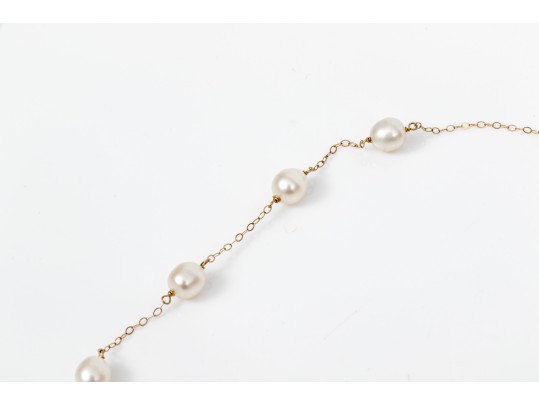 14k Yellow Gold Pretty Pair Of Cultured White Freshwater Pearl Tin Cup Style Necklaces