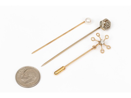 14k Yellow Gold Collection Of Three Vintage Stick Pins, Diamond And Cultured Pearl Motifs