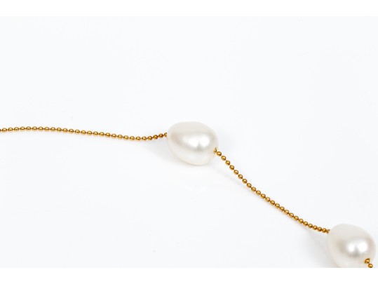 14k Yellow Gold Pretty Pair Of Cultured White Freshwater Pearl Tin Cup Style Necklaces