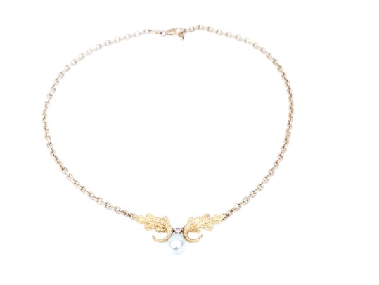 Sterling Silver Fabulous Chain Necklace With 14k Alligator, Pink Sapphire And Cultured Pearl Center