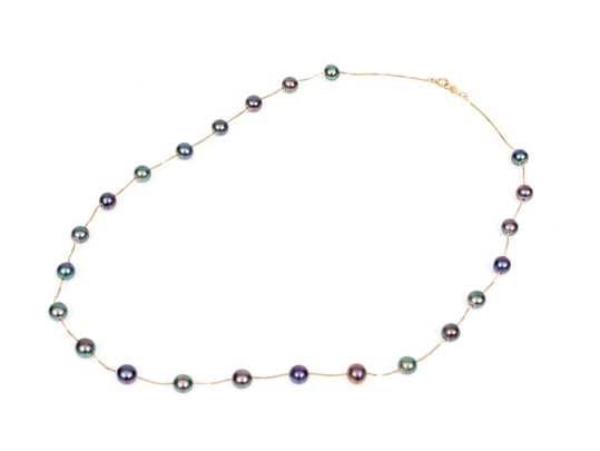 14k Yellow Gold Elegant Black Cultured Freshwater Pearl Tin Cup Style Necklace