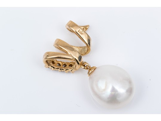 14K Diamond And Suspended Pearl Wrap Bale Pendant