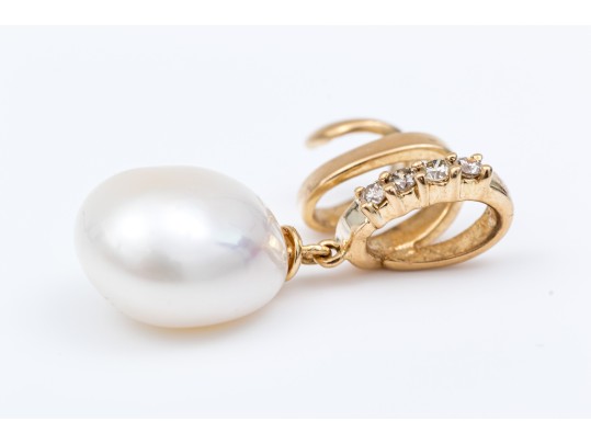 14K Diamond And Suspended Pearl Wrap Bale Pendant