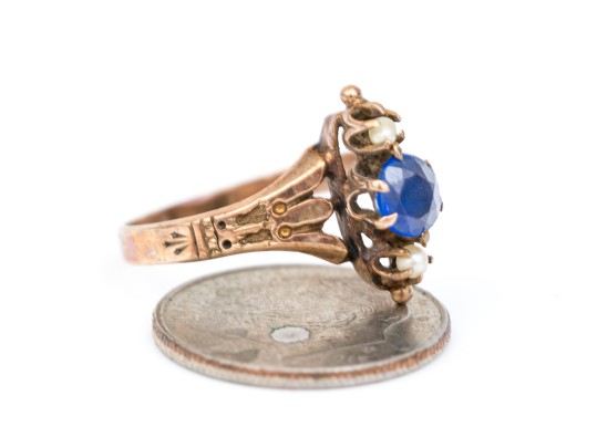 14k Gold Lovely Antique Seed Pearl And Blue Glass Ring, Size 6.5