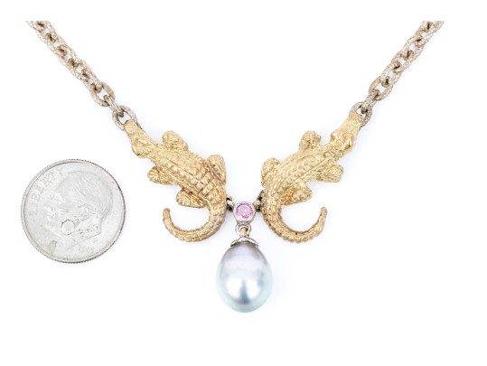 Sterling Silver Fabulous Chain Necklace With 14k Alligator, Pink Sapphire And Cultured Pearl Center
