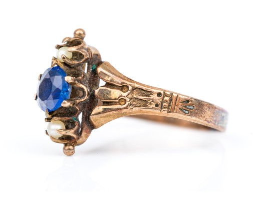 14k Gold Lovely Antique Seed Pearl And Blue Glass Ring, Size 6.5