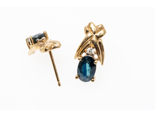 10k Yellow Gold Blue Sapphire Earrings, App. 1.06 TCW, Topped With White Sapphires