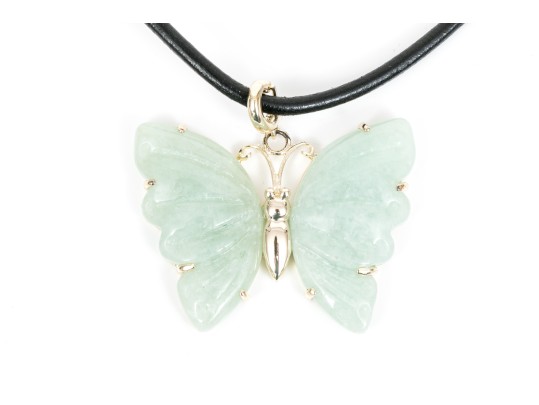 Sterling Silver Bold Striking Green Chalcedony Carved Butterfly And Leather Cord Necklace
