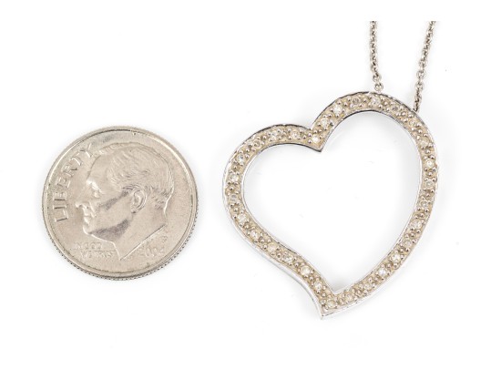 14k White Gold Large Open Diamond Heart Pendant, App. 0.07 TCW, With Chain