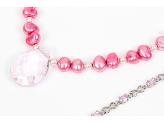 Lot Of Assorted Sterling Silver, Pink CZ And Pink Cultured Freshwater Pearl Jewelry Pieces