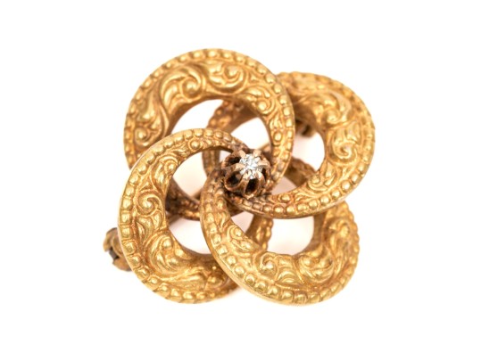 14k Yellow Gold Pretty Antique Knot Motif Brooch, With A Center White Sapphire