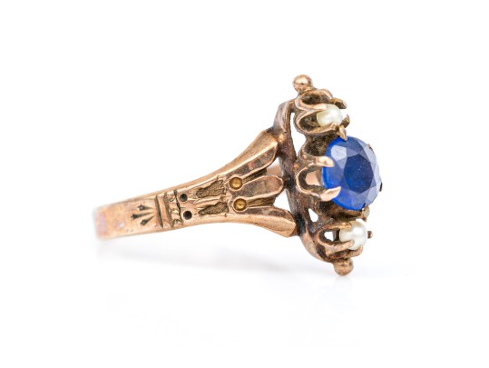 14k Gold Lovely Antique Seed Pearl And Blue Glass Ring, Size 6.5