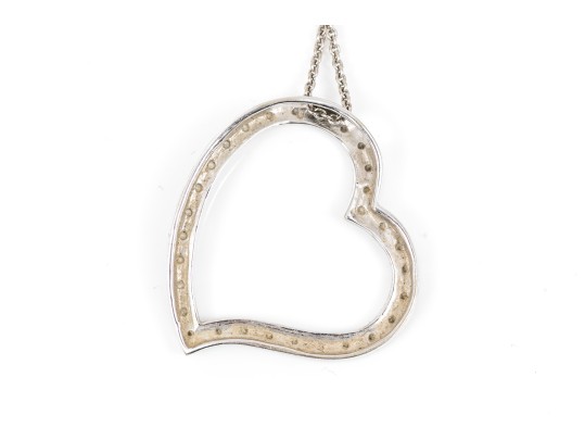14k White Gold Large Open Diamond Heart Pendant, App. 0.07 TCW, With Chain