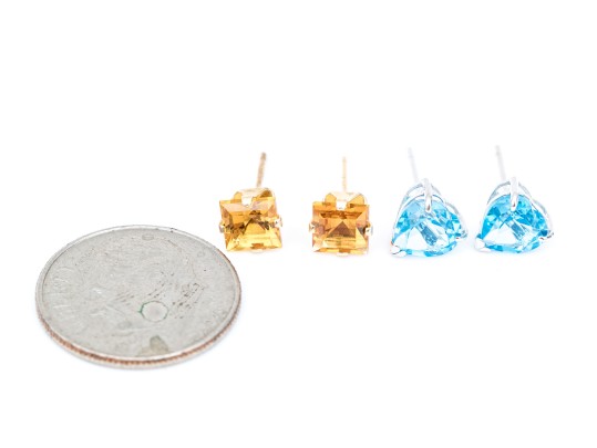 14k Gold Collection Of Delicate Stud Earrings, Citrine And Blue Topaz Set