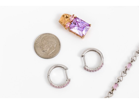 Lot Of Assorted Sterling Silver, Pink CZ And Pink Cultured Freshwater Pearl Jewelry Pieces