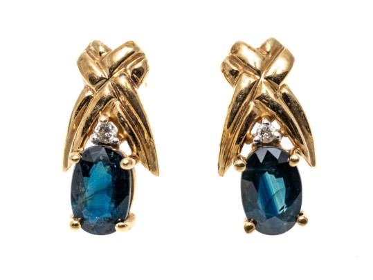 10k Yellow Gold Blue Sapphire Earrings, App. 1.06 TCW, Topped With White Sapphires