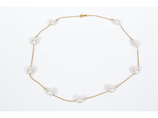 14k Yellow Gold Pretty Pair Of Cultured White Freshwater Pearl Tin Cup Style Necklaces