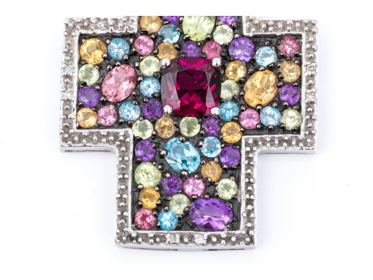 14k Yellow Gold Beautiful Chunky Multi Stone Cross Pendant