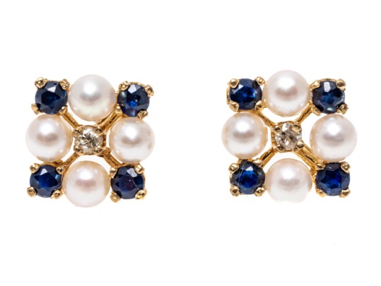 14k Yellow Gold Striking Cultured Pearl Blue Sapphire And Diamond Cluster Earrings