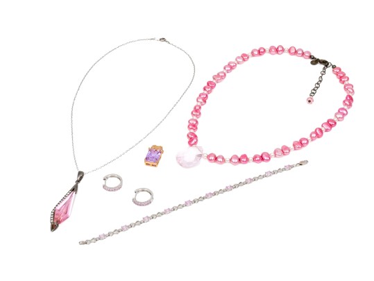 Lot Of Assorted Sterling Silver, Pink CZ And Pink Cultured Freshwater Pearl Jewelry Pieces