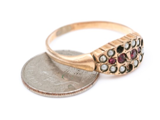 14k Gold Vintage Glass And Seed Pearl Ring, As-is Condition, Size 10