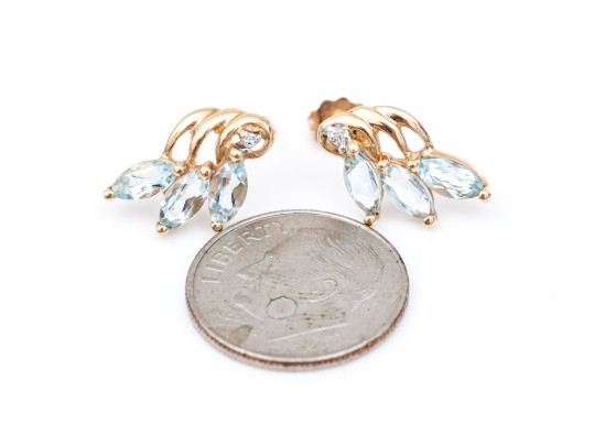 10k Yellow Gold Pretty Aquamarine Cluster Earrings With Diamond Accent Top