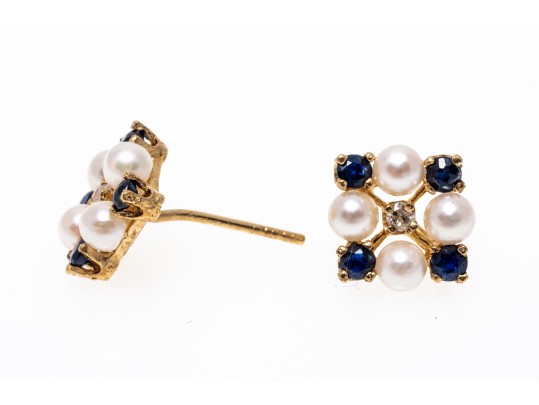 14k Yellow Gold Striking Cultured Pearl Blue Sapphire And Diamond Cluster Earrings