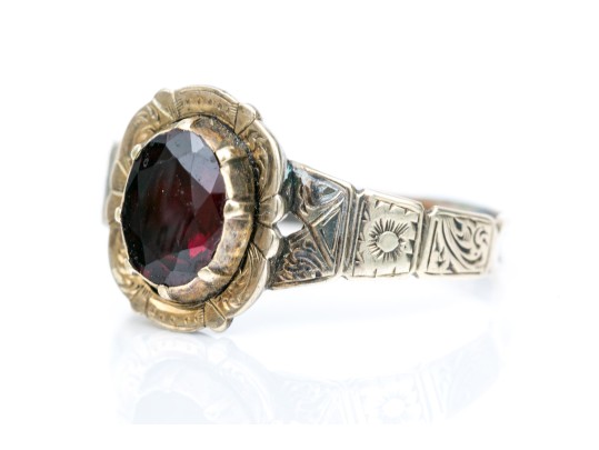 14k Gold And Gold Filled Antique Chased Foil Backed Garnet Ring, Size 8
