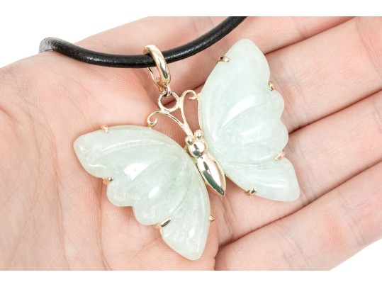 Sterling Silver Bold Striking Green Chalcedony Carved Butterfly And Leather Cord Necklace