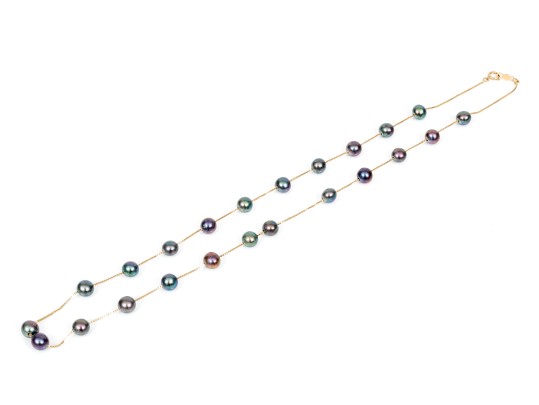 14k Yellow Gold Elegant Black Cultured Freshwater Pearl Tin Cup Style Necklace