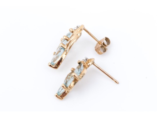 10k Yellow Gold Pretty Aquamarine Cluster Earrings With Diamond Accent Top