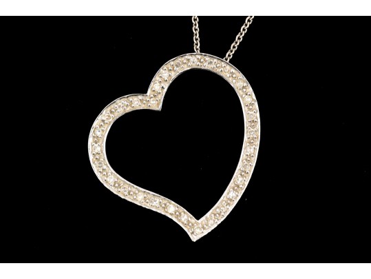 14k White Gold Large Open Diamond Heart Pendant, App. 0.07 TCW, With Chain