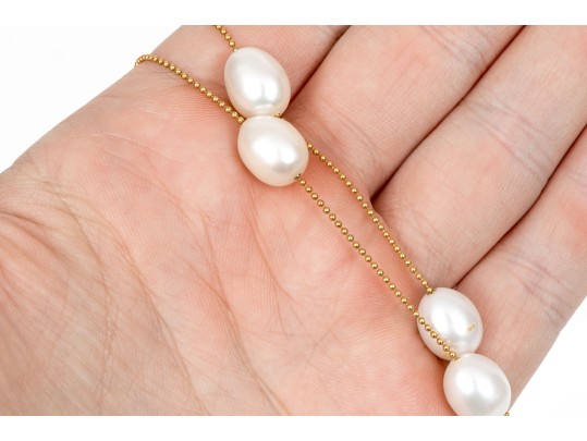 14k Yellow Gold Pretty Pair Of Cultured White Freshwater Pearl Tin Cup Style Necklaces